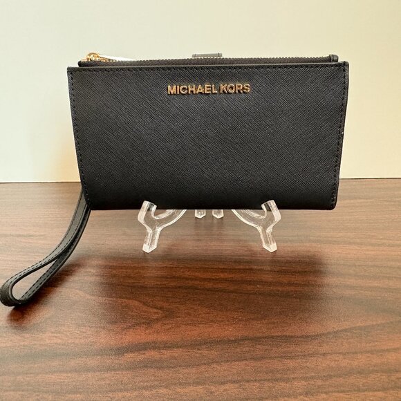 Michael Kors Women's Jet Set Travel Double Zip Leather Wristlet Wallet Black - Picture 1 of 7